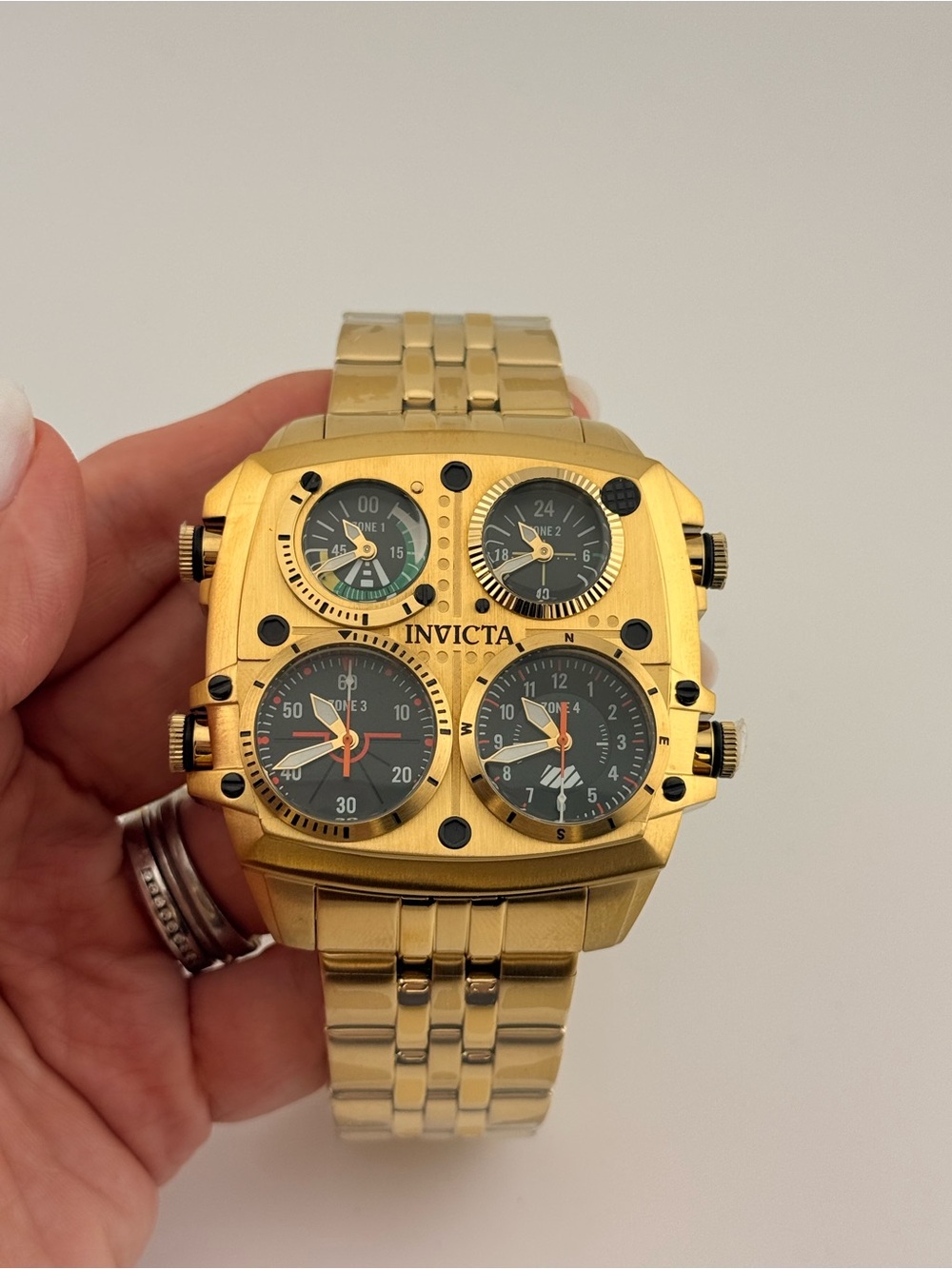Invicta Aviator ZULU TIME 4-Zone Men's Watch Gold 50mm 49604 NIB  3yr warranty